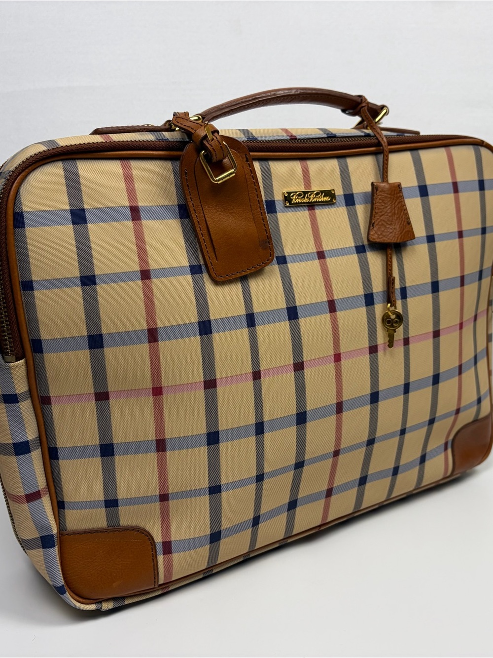 Brooks Brothers Rare Plaid Leather Trim Briefcase Laptop Travel Bag